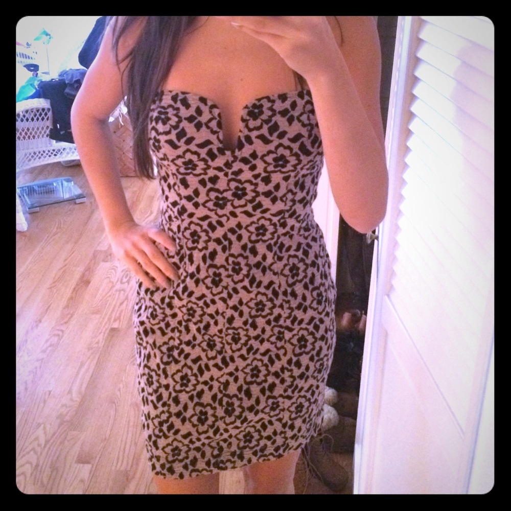 Strapless gray & black floral print dress
